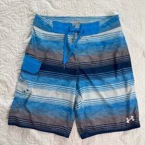 Under Armour Board Shorts STORM Men Size 30 Loose Heat Gear Blue Gray Stripe EUC